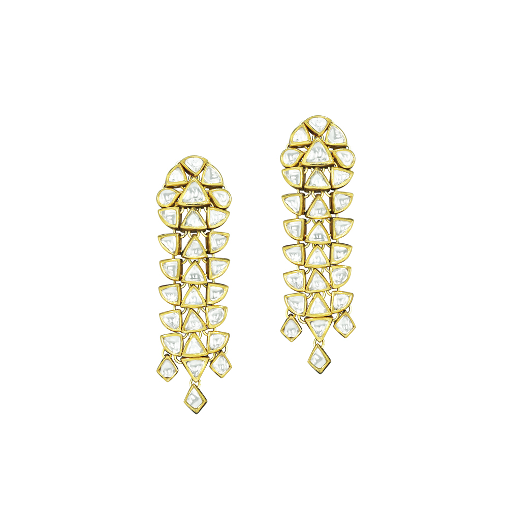 Tiered Polki Drop Earrings with Geometric Design